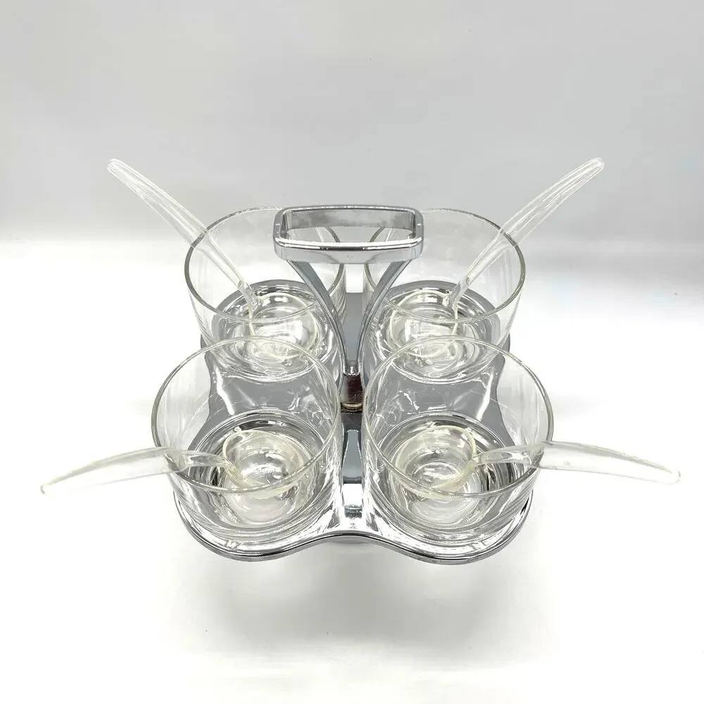 Vintage Mid Century Milbern Chrome & Wood Condiment Caddy 4 Glasses & Spoons